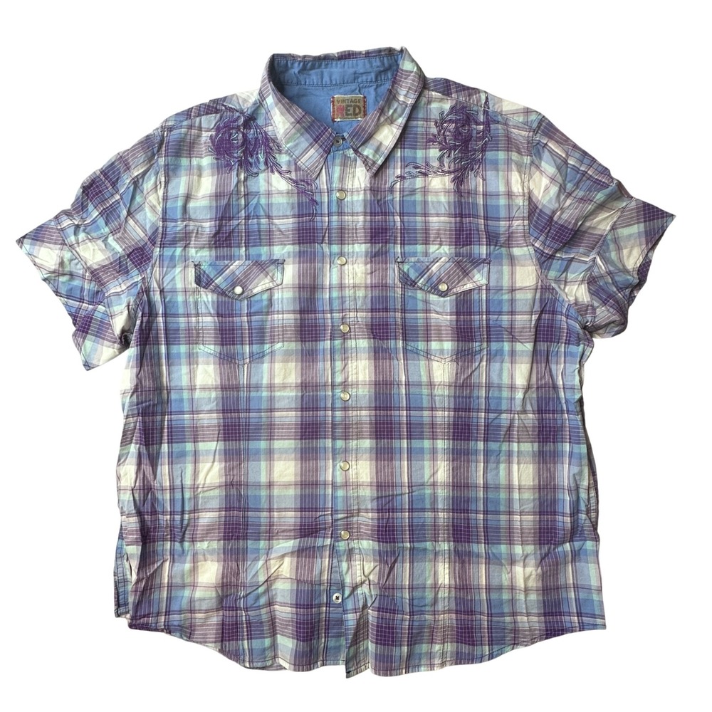 Vintage Red Shirt Mens XL Purple Plaid Western Embroidered Pearl Snap S/S